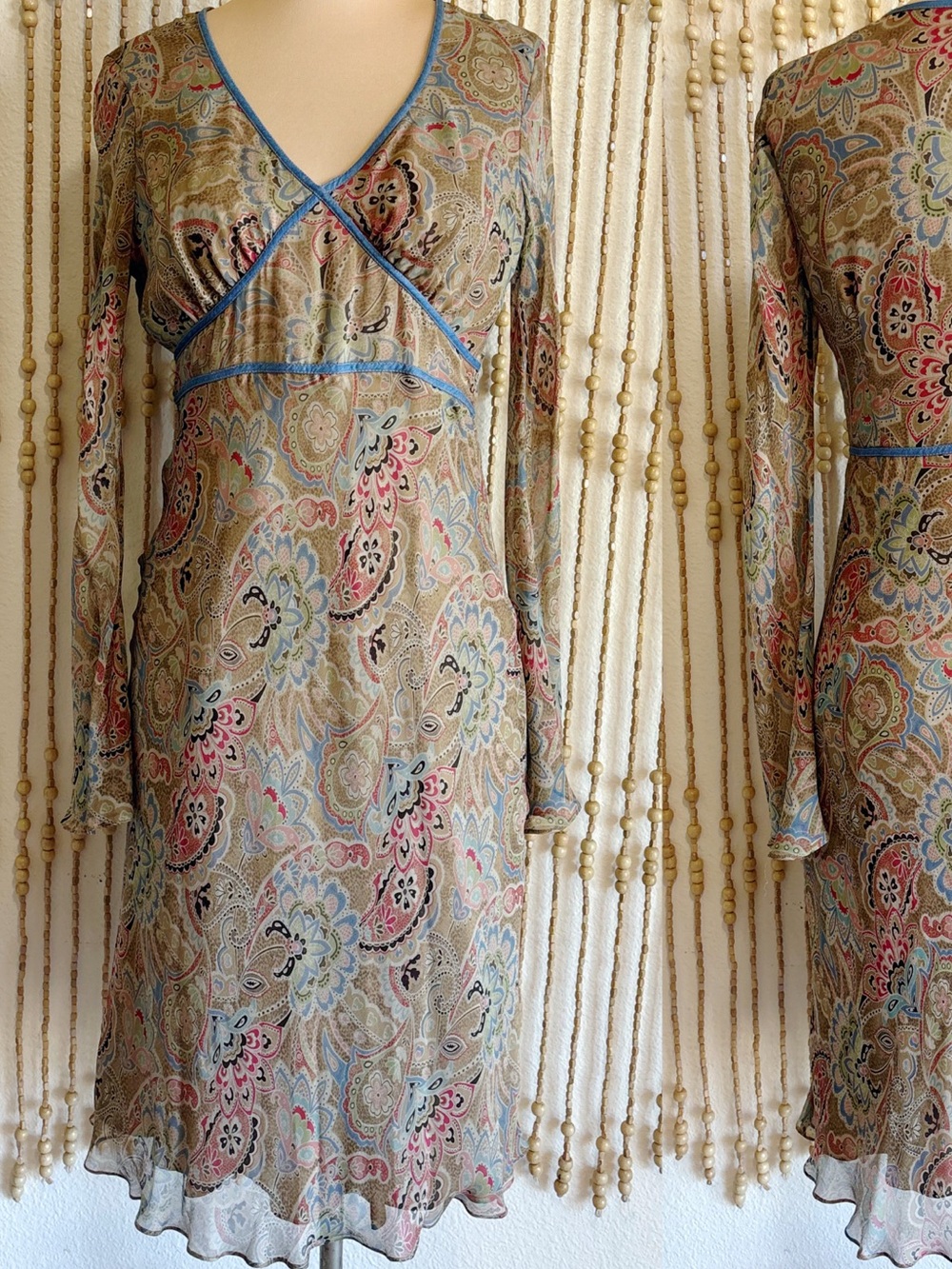 Vintage 90s Silk Paisley Ruffle Lettuce Hem Empire Boho Corset Long Sleeve Dress